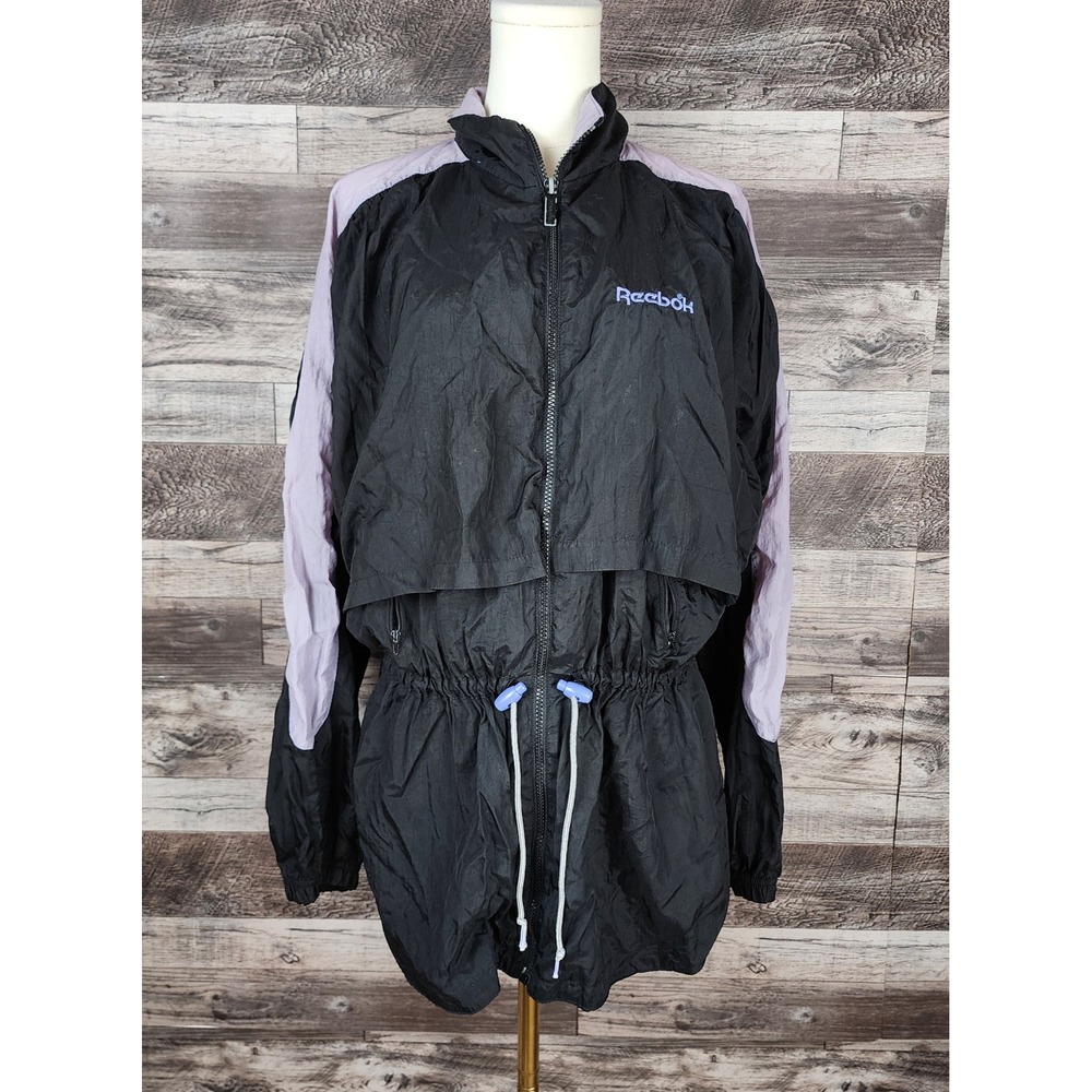 Vintage Reebok Windbreaker Jacket Black Lavender Full Zip Drawstring Womens L